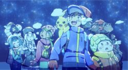  3girls 4boys :d ame_(ame025) backpack bag baseball_cap beanie blonde_hair blue_hair breath brown_gloves capelet closed_eyes closed_mouth coat dark-skinned_male dark_skin freckles gloves green_hair hairband hat hood hood_down jacket kiawe_(pokemon) kukui_(pokemon) lana_(pokemon) lillie_(pokemon) long_hair long_sleeves looking_up mallow_(pokemon) mittens multiple_boys multiple_girls night open_mouth outdoors pikachu pokemon pokemon_(anime) pokemon_(creature) pokemon_sm_(anime) satoshi_(pokemon) scarf short_hair sky smile sophocles_(pokemon) sunglasses tongue white_coat white_headwear yellow_scarf 