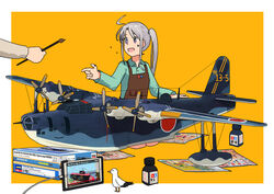  ahoge aircraft airplane akitsushima_(kancolle) alternate_color apron art_brush bird border brown_apron collared_shirt commentary dress_shirt female flying_boat green_shirt grey_hair h8k holding holding_brush holding_paintbrush js_taigei kantai_collection long_hair long_sleeves model_airplane model_kit newspaper nishikitaitei-chan open_mouth orange_background outside_border paint paint_splatter paint_splatter_on_face paintbrush purple_eyes seagull shirt side_ponytail sidelocks simple_background tablet_pc tamiya_incorporated timmyyen vehicle_focus white_border 