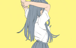  arms_up bare_arms commentary_request female from_behind grey_skirt highres original pleated_skirt school_uniform shiki_haru shirt short_sleeves simple_background skirt solo stretching upper_body white_shirt yellow_background 