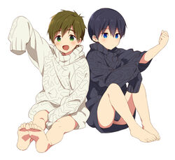  2boys barefoot black_hair blue_eyes blush brown_hair feet free! green_eyes male_focus mo_(nmnme) multiple_boys naked_sweater nanase_haruka_(free!) open_mouth oversized_clothes simple_background sleeves_past_fingers sleeves_past_wrists smile sweater tachibana_makoto white_background 