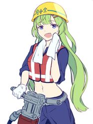  :d assault_lily blue_eyes blue_pants blue_shirt commentary_request construction_worker cowboy_shot crop_top female gloves green_hair hair_ornament hairclip hand_up hard_hat helmet high-visibility_vest highres holding holding_towel jackhammer kawabata_hotaru long_hair looking_at_viewer midriff navel nekomint open_mouth pants red_vest shirt simple_background sleeves_past_elbows sleeves_rolled_up smile solo stomach sweatdrop towel towel_around_neck very_long_hair vest wavy_hair white_background white_gloves wiping_face wiping_sweat yellow_headwear 