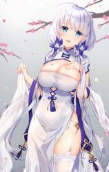  :d ahoge azur_lane bare_hips blue_eyes blush branch breasts china_dress chinese_clothes cleavage commentary_request dress female flower garter_straps gradient_background grey_background hair_flower hair_ornament hand_on_own_chest highres holding illustrious_(azur_lane) illustrious_(maiden_lily&#039;s_radiance)_(azur_lane) kon_(k0n16) large_breasts long_hair looking_at_viewer low_twintails mole mole_under_eye official_alternate_costume open_mouth pelvic_curtain petals short_sleeves smile solo tassel thighhighs twintails white_dress white_flower white_hair white_thighhighs 