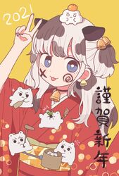  2021 animal_ears animal_print bad_id bad_pixiv_id bell blue_eyes bright_pupils chinese_zodiac commentary_request cow_ears cow_print earrings emma_(kumaema) female grey_hair hair_bell hair_ornament highres japanese_clothes jewelry kimono looking_at_viewer neck_bell nengajou new_year obi original partial_commentary patterned_hair print_kimono red_kimono sash simple_background solo tongue tongue_out v white_hair white_pupils year_of_the_ox yellow_background 