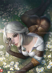  boots breasts brown_gloves brown_pants ciri cleavage daisy elbow_gloves female flower gloves green_eyes looking_at_viewer medium_hair olesyaspitz on_grass outdoors pants shirt the_witcher_(series) the_witcher_3 white_flower white_hair white_shirt witcher_medallion 