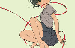  bare_arms bare_legs barefoot black_eyes black_hair black_skirt blush closed_mouth collared_shirt commentary_request female from_side green_background grey_shirt highres knees_up legs looking_at_viewer mouth_hold no_pupils original pleated_skirt red_ribbon ribbon ribbon_in_mouth school_uniform shiki_haru shirt short_sleeves simple_background skirt solo 