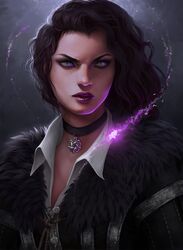  black_choker black_hair choker collared_shirt energy female fur_trim highres inverted_pentagram purple_eyes shirt shuricat solo the_witcher_(series) white_shirt yennefer_of_vengerberg 