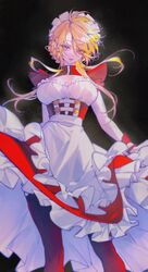  apron blue_eyes braid breasts collared_dress dress feet_out_of_frame female floating_clothes floating_hair frilled_apron frills hair_between_eyes hair_ornament hair_over_one_eye hairclip half_updo highres large_breasts legs_apart long_hair looking_at_viewer looking_down maid maid_apron maid_headdress original pantyhose parted_lips red_dress red_pantyhose simple_background skirt_hold sleeveless sleeveless_dress solo swept_bangs underbust upskirt waist_apron white_apron wrist_cuffs xxlsid48 