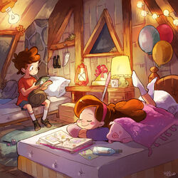  1boy baseball_cap bed book brother_and_sister brown_hair closed_eyes dipper_pines female gravity_falls hairband hat holding holding_book long_hair lying mabel_pines millipen_(medium) on_stomach pig shirt shoes siblings sitting smile socks sweater traditional_media twins umeda_yoshio waddles 