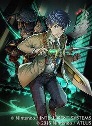  2boys aoi_itsuki armor belt blue_hair chrom_(fire_emblem) cityscape collared_shirt company_name daigoman fire_emblem fire_emblem_cipher holding holding_sword holding_weapon looking_at_viewer multiple_boys necktie night official_art outdoors shirt sword tokyo_mirage_sessions_fe weapon 