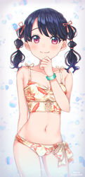  arm_behind_back bikini black_hair bracelet breasts chromatic_aberration closed_mouth cowboy_shot dated female fukumaru_koito hair_ribbon hair_tie hand_on_own_chin highres idolmaster idolmaster_shiny_colors jewelry lace-trimmed_bikini lace-trimmed_swimsuit lace_trim leaf_print looking_at_viewer medium_hair navel pink_ribbon print_bikini purple_eyes ribbon side-tie_bikini_bottom small_breasts smile solo soramame_tomu standing swimsuit twintails twitter_username yellow_bikini 