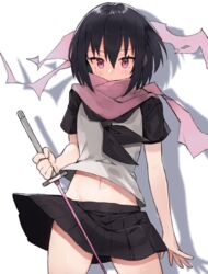  bad_id bad_pixiv_id black_hair black_skirt blush female hair_between_eyes holding holding_weapon katana looking_at_viewer midriff navel ninja_slayer pink_eyes pink_scarf pleated_skirt scarf shadow short_hair short_sleeves simple_background skirt solo suminagashi sword weapon white_background yamoto_koki 