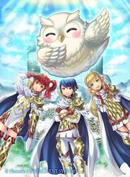  1boy 2girls alfonse_(fire_emblem) anna_(fire_emblem) armor blonde_hair blue_hair cape cloud cloudy_sky company_name crossed_arms day feh_(fire_emblem_heroes) fire_emblem fire_emblem_cipher fire_emblem_heroes kazura_enji multicolored_hair multiple_girls outdoors red_hair scale_armor sharena_(fire_emblem) sky two-tone_hair 