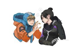  ! 2girls apex_legends black_bodysuit black_hair black_scarf blonde_hair blue_eyes blue_headwear bodysuit breasts bugles_(food) bugles_on_fingers claw_pose hair_behind_ear hair_bun highres hood hooded_bodysuit hooded_jacket jacket lightning_bolt_symbol looking_to_the_side medium_breasts multiple_girls renee_shika_egakan scarf single_hair_bun spoken_exclamation_mark wattson_(apex_legends) white_background wraith_(apex_legends) 