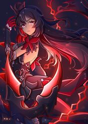  absurdres akira_luca angry antenna_hair artistic_error back bad_anatomy bad_hands black_background breasts chains closed_mouth disembodied_hand female hair_between_eyes hair_ornament highres honkai_(series) honkai_impact_3rd long_hair looking_at_viewer looking_to_the_side red_eyes red_hair seele_(alter_ego) seele_vollerei seele_vollerei_(starchasm_nyx) solo wrong_hand 