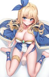  ankle_strap barefoot between_legs blonde_hair blue_coat blue_eyes blush breasts cankofi&#039;s_character chirang cleavage coat coat_on_shoulders collarbone commission dress dungeon_and_fighter embarrassed epaulettes female from_above gold_trim hair_ribbon hand_between_legs highres large_breasts long_hair long_sleeves looking_at_viewer original panties panty_peek ribbon second-party_source short_dress sitting solo strapless strapless_dress thighlet thighs underwear very_long_hair wariza white_dress white_panties wristband 