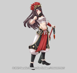  2021 absurdres bandaged_arm bandages bare_shoulders bead_necklace beads beidou_(genshin_impact) black_footwear black_hair boots breasts chest_sarashi cleavage clenched_hand club_(weapon) cosplay crazzeffect english_commentary eyepatch eyeshadow facial_mark female fire_emblem fire_emblem_fates full_body genshin_impact grey_background grin highres jewelry kanabou long_hair looking_at_viewer makeup mask mask_on_head medium_breasts midriff navel necklace pants pelvic_curtain red_eyes rinkah_(fire_emblem) rinkah_(fire_emblem)_(cosplay) sarashi simple_background smile solo standing stomach strapless tube_top weapon whisker_markings white_pants 