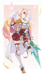  armor armored_boots armpit_peek belt blonde_hair boobplate boots breastplate breasts brown_belt chains commentary_request cross crystal dress elbow_gloves feathered_wings female full_body gauntlets gloves golden_wings grin hair_between_eyes hair_over_one_eye head_wings highres holding holding_polearm holding_weapon leg_armor looking_at_viewer official_alternate_costume one_eye_closed pauldrons pi_(pyaaaro) polearm ragnarok_online red_dress red_eyes red_gloves red_thighhighs rune_knight_(ragnarok_online) short_hair shoulder_armor sleeveless sleeveless_dress small_breasts smile snake solo sparkle spear thighhighs weapon white_wings wings zettai_ryouiki 