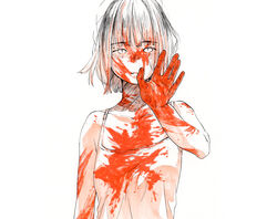  absurdres bare_arms blood blood_in_hair blood_on_arm blood_on_chest blood_on_clothes blood_on_face blood_on_hands breasts camisole collarbone commentary_request female hand_up highres limited_palette looking_at_viewer original palms parted_lips reaching reaching_towards_viewer shiki_haru short_hair simple_background slit_pupils small_breasts solo upper_body white_background 