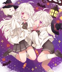  1boy :p candy cloak commentary female food ghost hat highres lantern lollipop long_sleeves looking_at_viewer original purple_eyes red_eyes rii_(pixiv11152329) school_uniform shirt short_shorts shorts siblings skirt sleeves_past_wrists star_(symbol) tongue tongue_out twins white_cloak white_hair white_shirt witch_hat 