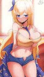  absurdres armpit_crease bare_shoulders between_breasts blonde_hair blue_eyes blue_shorts breast_suppress breasts camisole cankofi&#039;s_character cleavage commission cowboy_shot crop_top detached_collar dungeon_and_fighter female hair_ribbon hand_on_own_chest hand_up highres jacket kyoto_mogu large_breasts long_hair looking_at_viewer micro_shorts midriff navel necktie necktie_between_breasts open_fly original ribbon shirt shorts sleeveless sleeveless_shirt solo spaghetti_strap standing stomach strap_slip sweat thighs unworn_jacket very_long_hair yellow_shirt 