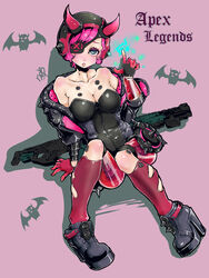  :o absurdres animification apex_legends black_bodysuit black_headwear black_jacket bodysuit breasts cleavage collarbone copyright_name cyber_punked_wattson cyberpunk electricity energy_gun eyepatch female gloves gun head_tilt highres hood hooded_jacket horns jacket looking_up m1904_mastiff mechanical_arms mechanical_legs medium_breasts nero_(jirojirorororn) official_alternate_costume one_eye_covered pink_gloves pink_hair pointing pointing_up purple_background shadow shotgun single_mechanical_arm sitting wattson_(apex_legends) weapon 