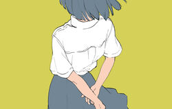  arms_behind_back collared_shirt commentary_request cowboy_shot female from_behind green_background grey_hair grey_skirt highres original shiki_haru shirt shirt_tucked_in short_hair short_sleeves simple_background skirt solo white_shirt 