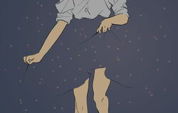  bare_legs blending commentary_request dots feet_out_of_frame female grey_background grey_shirt head_out_of_frame highres original shiki_haru shirt shirt_tucked_in sleeves_rolled_up 