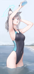  animal_ear_fluff animal_ears armpits arms_up artist_name bare_arms bare_shoulders beach black_one-piece_swimsuit blue_archive blue_eyes blue_sky breasts commentary_request competition_swimsuit covered_navel day female grey_hair groin halo highleg highleg_swimsuit highres long_hair mcg6 medium_breasts ocean official_alternate_costume one-piece_swimsuit ponytail pouring pouring_onto_self presenting_armpit shiroko_(blue_archive) shiroko_(swimsuit)_(blue_archive) signature sky solo swimsuit wading water wolf_ears 