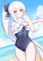  beach black_one-piece_swimsuit blue_archive blue_sky bow breasts casual_one-piece_swimsuit cloud cloudy_sky collarbone commentary_request covered_navel female frilled_one-piece_swimsuit frills hair_between_eyes hair_ribbon hairbow halo highres ine_(ineinnen) long_hair looking_at_viewer medium_breasts miyako_(blue_archive) miyako_(swimsuit)_(blue_archive) ocean official_alternate_costume official_alternate_hairstyle one-piece_swimsuit outdoors ponytail purple_eyes ribbon sky sleeveless solo stretching swimsuit white_hair 