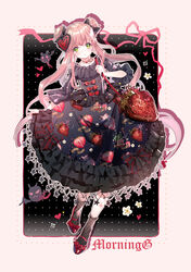  :o absurdres bag black_bow black_dress black_socks bow clothes_writing commentary_request double_bun dress female flower food-themed_bag food_print frilled_dress frilled_sleeves frills full_body green_eyes hair_bun hair_ornament hairbow heart heart_hair_ornament highres holding_strap jewelry lolita_fashion long_hair looking_at_viewer original outline pendant photoshop_(medium) pink_hair pink_ribbon print_dress red_bow red_footwear ribbon short_sleeves shoulder_bag socks solo star_(symbol) strawberry_bag strawberry_print twintails very_long_hair white_outline yuzhi 