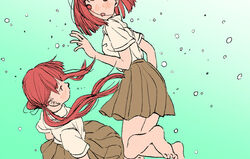  2girls air_bubble bare_legs barefoot blush brown_skirt bubble commentary_request green_background highres long_hair looking_at_another looking_at_viewer multiple_girls no_pupils open_mouth original pleated_skirt red_hair school_uniform shiki_haru shirt short_hair short_sleeves skirt twintails underwater white_shirt 