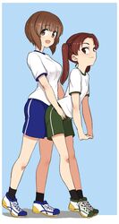  2girls :d aomushi_(mushamusha) black_legwear blue_background blue_shorts border breasts brown_eyes brown_hair commentary_request dry_humping eyes_visible_through_hair flat_chest full_body girls_und_panzer green_shorts gym_shorts gym_uniform hair_between_eyes highres humping kadotani_anzu long_hair looking_at_viewer medium_breasts multiple_girls nishizumi_miho open_mouth shoes short_hair short_sleeves shorts simple_background small_breasts smile sneakers socks standing twintails white_border 