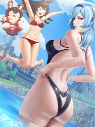  &gt;_&lt; 2girls :d adjusting_clothes adjusting_headwear amber_(genshin_impact) artist_name ass ass_focus baron_bunny_(genshin_impact) bikini black_hairband black_headband blue_hair blue_sky breasts brown_hair butt_crack church closed_eyes cloud crossed_bangs day dutch_angle eula_(genshin_impact) genshin_impact hair_ornament hairband headband highleg highleg_swimsuit huge_ass jumping klee_(genshin_impact) limgae medium_breasts medium_hair multiple_girls navel o_o one-piece_swimsuit open_mouth pond red_bikini red_ribbon ribbon sideboob sky smile swimsuit thick_thighs thighs village xd yellow_eyes 