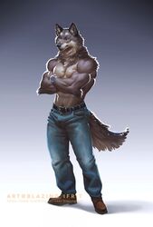  2019 anthro biceps blazingifrit boots bottomwear canid canine canis clock clothed clothing crossed_arms denim denim_bottomwear denim_clothing footwear full-length_portrait hi_res jeans looking_at_viewer male mammal muscular muscular_anthro muscular_male navel pants portrait solo text topless triceps url watch wolf wristwatch 