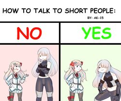  2girls abineko ak-15_(girls&#039;_frontline) anger_vein angry bending chart commentary crop_top english_commentary english_text girls&#039;_frontline grey_hair hair_ornament hairclip height_difference hexagram highres how_to_talk_to_short_people_(meme) long_hair meme multiple_girls negev_(girls&#039;_frontline) one_eye_covered pantyhose pink_hair smug squatting star_of_david 