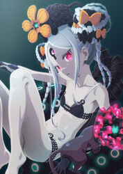  abigail_williams_(fate) abigail_williams_(swimsuit_foreigner)_(fate) abigail_williams_(swimsuit_foreigner)_(first_ascension)_(fate) bare_legs bare_shoulders barefoot black_bow black_hat black_hole black_panties bow breasts colored_skin fate/grand_order fate_(series) female forehead glowing glowing_eye hat highres key keyhole long_hair looking_at_viewer mukai orange_bow panties parted_bangs pink_eyes polka_dot polka_dot_bow small_breasts solo third_eye underwear very_long_hair white_hair white_skin witch_hat 