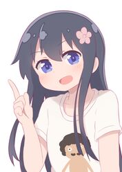  :d black_hair blue_eyes blush casual character_print commentary_request female flower hair_between_eyes hair_flower hair_ornament hatafuta higero_(wataten) index_finger_raised lolicon long_hair looking_at_viewer open_mouth pink_flower print_shirt shirosaki_hana shirt short_sleeves simple_background smile solo upper_body very_long_hair watashi_ni_tenshi_ga_maiorita! white_background white_shirt 