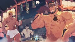  3boys abs bara beard black_hair blonde_hair blush body_writing bottle bulge closed_eyes completely_nude copyright_name dark-skinned_male dark_skin facial_hair furry furry_male gyee highres holding holding_bottle large_pectorals looking_at_another male_focus milk_bottle morgan_(gyee) multicolored_hair multiple_boys muscular muscular_male navel nipples nude official_art onsen out-of-frame_censoring ox_horns pectorals romg scar scar_across_eye scar_on_face second-party_source smile smirk steam stomach_tattoo takashi_(gyee) tattoo teeth thick_thighs thighs towel towel_around_waist translation_request two-tone_beard two-tone_hair white_hair zixiong_zix 