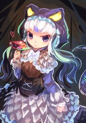  :t absurdres arm_at_side blue_eyes blue_hair bow bowtie capelet center_opening closed_mouth commentary corset cowboy_shot dress eating female food hand_up heart highres holding holding_food holding_mushroom hood hood_up hooded_capelet kemono_friends komodo_dragon_(kemono_friends) lizard_tail long_sleeves looking_at_viewer maki_gamin medium_dress multicolored_hair mushroom solo tail two-tone_hair white_hair 