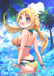  :d ahoge artist_name ass back bikini black_bikini blonde_hair blue_eyes blue_sky bracelet breasts cloud cloudy_sky commentary cowboy_shot day dutch_angle female flower hachimiya_meguru hair_flower hair_ornament hair_tie halterneck highres idolmaster idolmaster_shiny_colors jewelry layered_bikini lens_flare long_hair looking_at_viewer looking_back low_twintails medium_breasts ocean open_mouth outdoors palm_tree print_bikini side-tie_bikini_bottom sky smile solo soramame_tomu splashing standing swimsuit tree twintails twitter_username wading water_drop wind yellow_bikini yellow_flower 