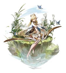  bare_legs bird blonde_hair blue_bird blush bow_(weapon) closed_mouth fake_horns female flower gloves harp highres holding holding_bow_(weapon) holding_instrument holding_weapon horns instrument inuko_(redconstellation) lily_(flower) mechanical_horns original outdoors partially_fingerless_gloves pointy_ears shore simple_background sitting solo water weapon white_background white_flower white_footwear white_gloves yellow_eyes 