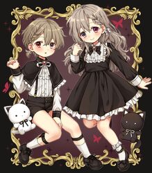  1boy androgynous blonde_hair blush bow commentary dress feline female full_body grey_eyes hair_ornament hair_ribbon hairbow highres kodona lolita_fashion matching_outfits original pale_skin purple_eyes red_eyes ribbon rii_(pixiv11152329) short_shorts shorts siblings smile stuffed_toy twins 