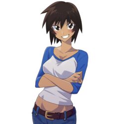  absurdres azumanga_daiou belt belt_buckle blue_pants blue_shirt blush breasts brown_belt brown_eyes brown_hair buckle casual cleavage collarbone commentary crop_top crossed_arms dark-skinned_female dark_skin denim english_commentary female grin hair_between_eyes highres jeans kagura_(azumanga_daioh) long_sleeves medium_breasts midriff mikkusushi pants parted_lips raglan_sleeves shirt short_hair simple_background smile solo standing tan tomboy transparent_background two-tone_shirt upper_body white_shirt 