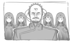  1boy 4girls bad_id bad_twitter_id bald beard command_&amp;_conquer command_&amp;_conquer:_red_alert_2 crossover english_commentary facial_hair girls&#039;_frontline greyscale headgear inactive_account military military_uniform monochrome moustache multiple_girls nyto_(generic)_(girls&#039;_frontline) nyto_(girls&#039;_frontline) paradeus scared serjatronic sweat uniform yuri_(c&amp;c) 