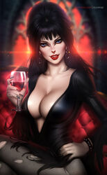  ayya_sap black_hair black_pantyhose black_shirt blue_eyes blurry bracelet breasts cleavage couch crossed_legs cup depth_of_field drinking_glass earrings elvira:_mistress_of_the_dark elvira_(elvira:_mistress_of_the_dark) fangs female hand_on_own_hip holding holding_cup indoors jewelry long_hair looking_at_viewer pantyhose pinup_(style) shirt sitting solo spiked_bracelet spikes torn_clothes torn_pantyhose vampire window wine_glass 