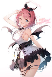  ;d arm_up bare_arms bare_shoulders blue_eyes breasts center_frills cowboy_shot dress female frilled_dress frills hair_ribbon highres looking_at_viewer medium_breasts nijihashi_sora one_eye_closed open_mouth otokado_ruki pink_hair ribbon short_hair simple_background sleeveless sleeveless_dress smile solo standing tail thighs underbust vee_(vtuber) virtual_youtuber white_background white_dress wings 