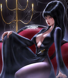  black_dress black_hair black_nails breasts candle candlestand cleavage couch dress elvira:_mistress_of_the_dark elvira_(elvira:_mistress_of_the_dark) female izhardraws long_hair looking_at_viewer purple_eyes silk sitting small_breasts solo spider_web 