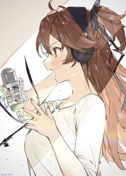  absurdres artist_name black_ribbon blush breasts brown_eyes brown_hair commentary eyebrows female fingernails from_side hair_ornament hair_ribbon hands_up headphones highres idenshi_hina large_breasts long_hair microphone music nail_polish oerba_yun_fang open_mouth profile re:act red_nails ribbon shirt shishigami_leona signature simple_background singing skin_fang sleeves_pushed_up solo studio_microphone sweat upper_body virtual_youtuber white_shirt 