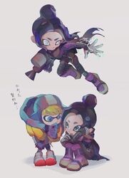  2girls alternate_species apex_legends black_bodysuit black_hair black_scarf blonde_hair blue_eyes blue_headwear bodysuit boots dashing grey_background gun hair_bun highres holding holding_gun holding_weapon hood hooded_jacket inkling_player_character jacket looking_to_the_side multiple_girls octoling_player_character orange_jacket purple_footwear renee_shika_egakan scarf single_hair_bun sitting splatoon_(series) splatoonification splattershot_(splatoon) tentacle_hair translation_request v-shaped_eyebrows wattson_(apex_legends) weapon white_footwear wraith_(apex_legends) 