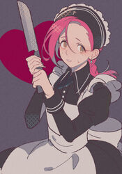  1boy alternate_costume apron bow braid crossdressing earrings enmaided freckles jewelry jojo_no_kimyou_na_bouken kitchen_knife long_hair maid maid_apron maid_headdress male_focus namihaya otoko_no_ko pink_hair santoku_knife solo sweatdrop vento_aureo vinegar_doppio 